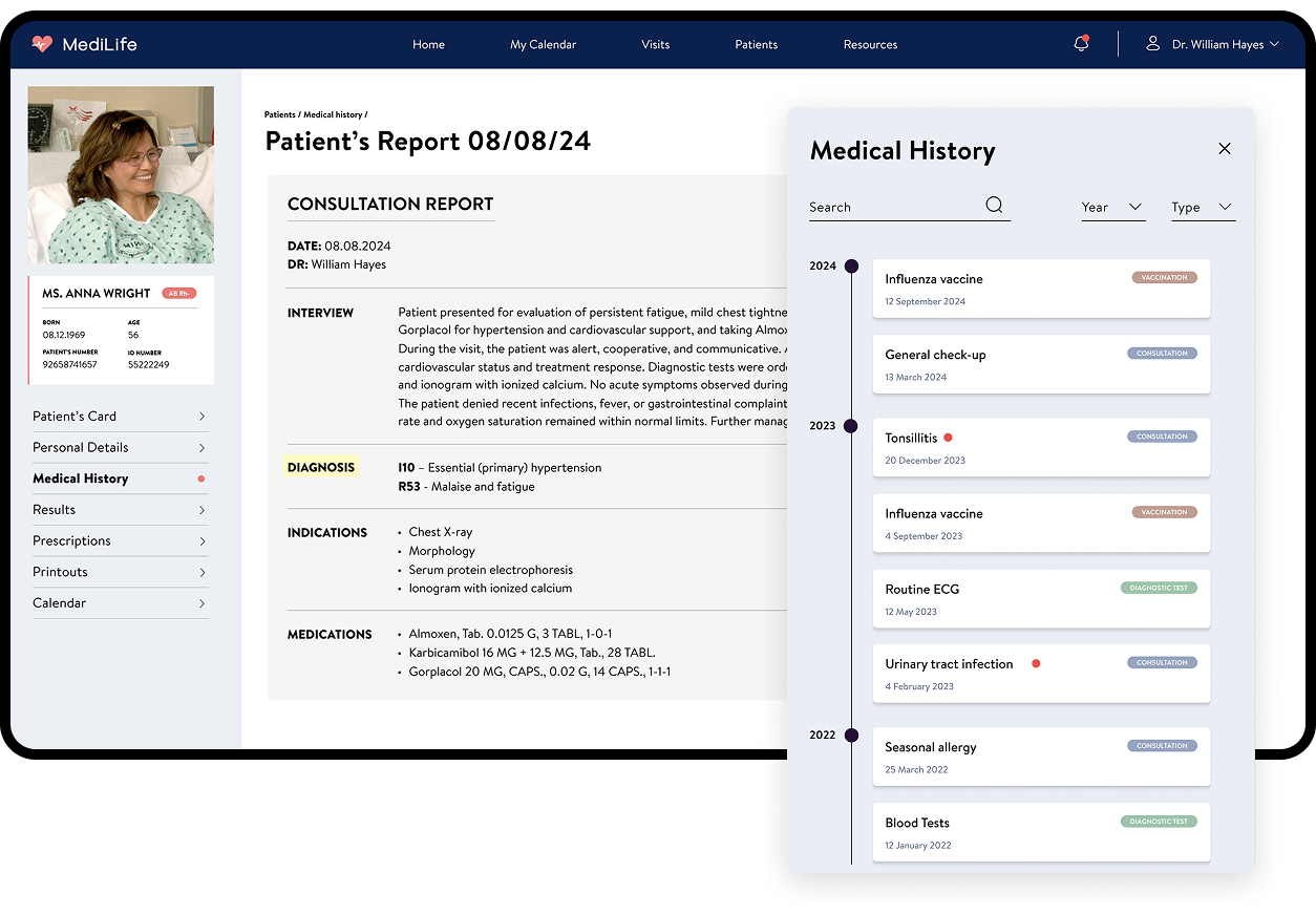 Medilife patient's report with medical history view