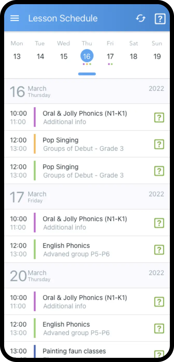 Authentic Digital Schooltracs mobile lesson schedule view
