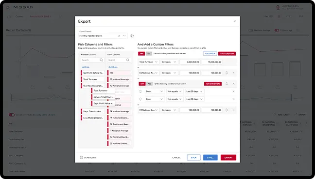 Snap-On desktop view with custom export filters