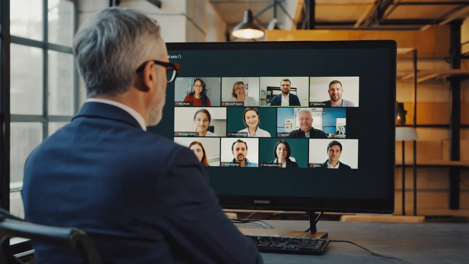 Senior UK executive at his desk on a Microsoft Teams call with the outsourced Polish development team filling the screen