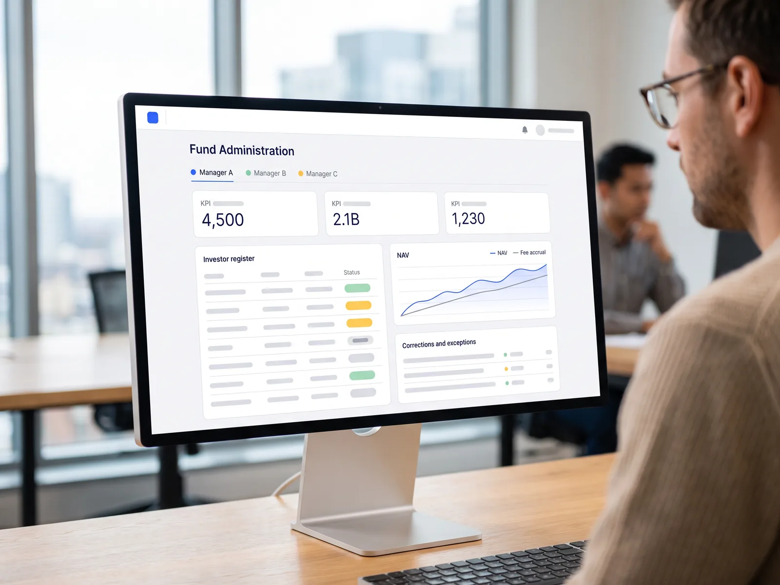 A person looks at a desktop monitor showing a fund administration dashboard with tabs for three fund managers, key figures, an investor register and an NAV chart.