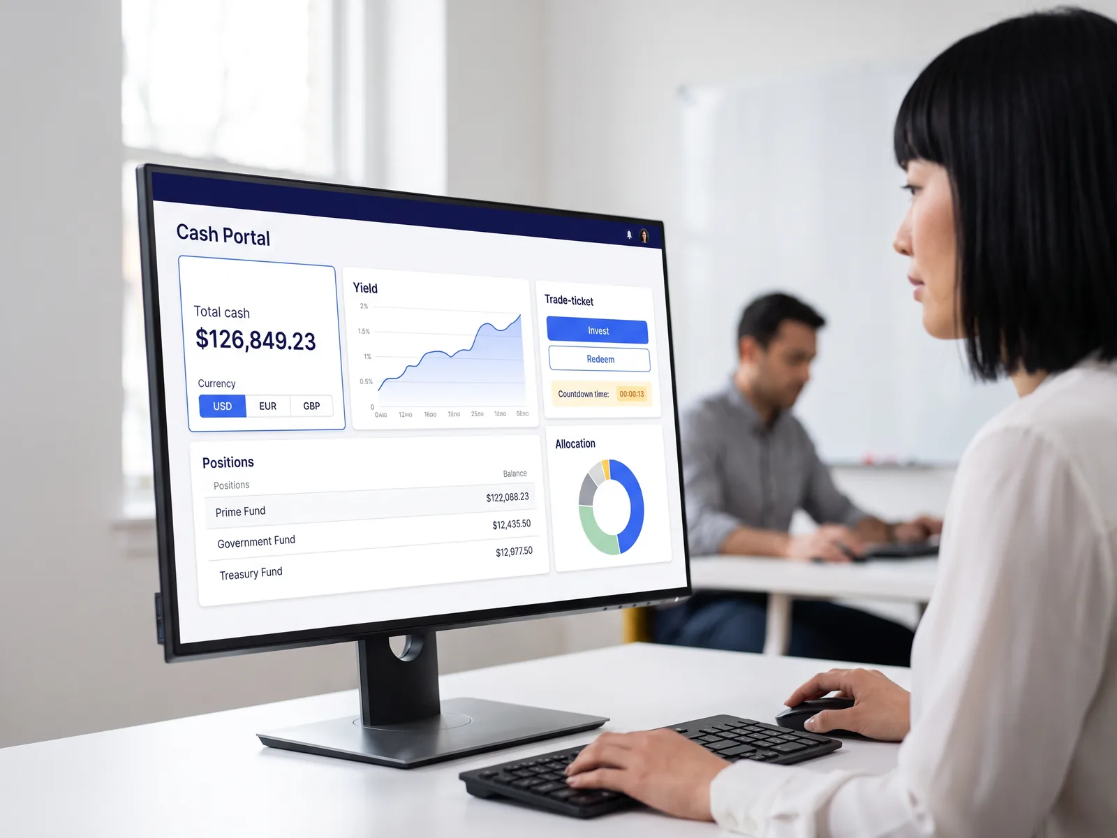 A person looks at a desktop monitor showing a cash portal with a total cash balance, a yield chart, fund positions and an invest and redeem ticket.